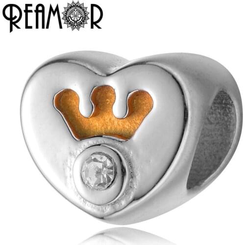 REAMOR Gold-color 316l Stainless Steel Crystal Crown Heart European Charm Beads For Luxury Strand Bracelet Jewelry Making