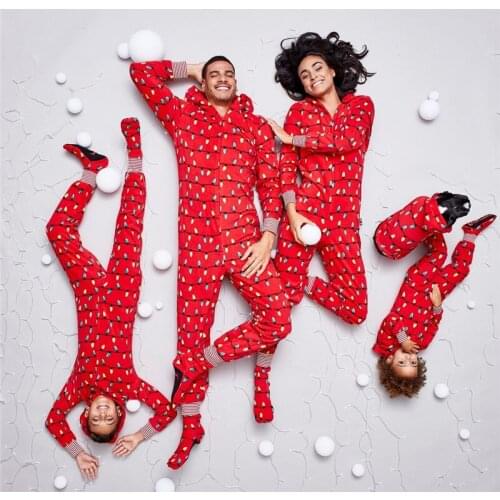 Family Matching Outfits Jumpsuit Christmas Pajamas Set String Lights Pattern One-Piece Zip-Front Romper with Hood Parents-Child