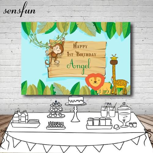 Sensfun Children Happy 1st Birthday Party Backdrop Lion Monkey Giraffe Leaves Sky Blue Backgrounds For Photo Studio 7x5FT