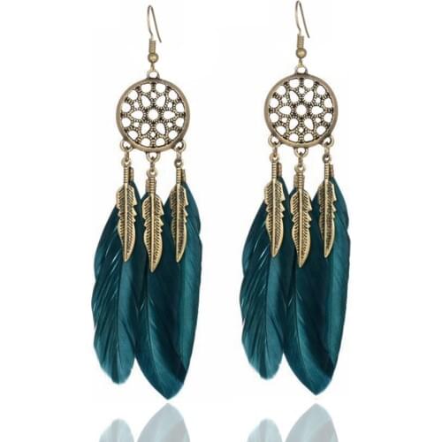 Fashion 1Pair Beautiful Women And Girl Feather Drop Earring Leaf Hollow out Vintage Bohemia Boho Feather Tassel Dreamcatcher