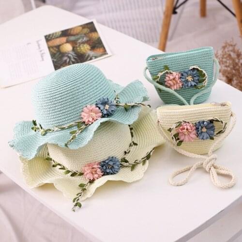 2-6Y Girls Straw Large Wide Brim Woven Sun Protection Beach Hat Ball Summer Flowers Fisherman Cap Matching Handbag