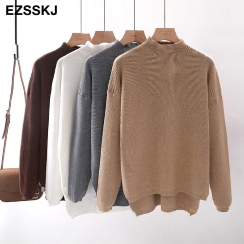 Korean Style Loose Sweater Women Pullover Casual Half Turtleneck Long Sleeve Oversized Knit Sweater Female Jumpers Split solid