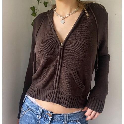 Sweatshirts Vintage Solid Y2K Hooded Sweaters Women Autumn Winter Lantern Sleeve Zip Up Jacket Cardigan Knitted Hoodie 2021