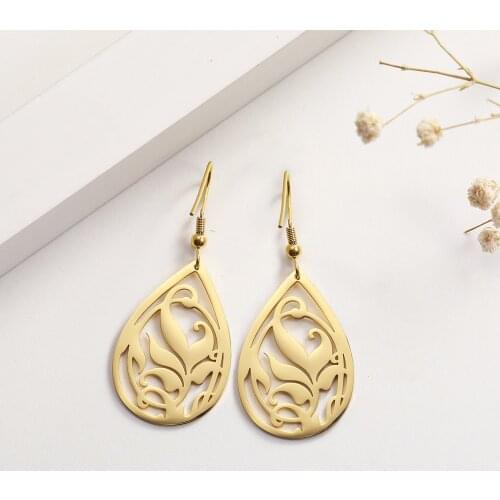 COOLTIME Pattern Gold Color Black Carved Stainless Steel Hollow Out Womens Drop Earrings Fashion Jewelry