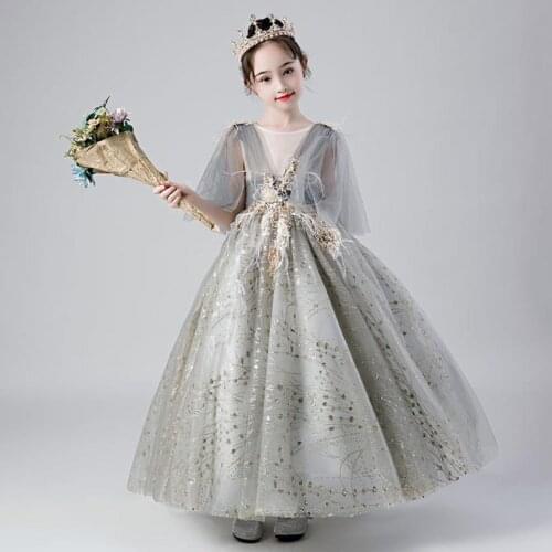 High-end Children Evening gown Sequined stitching Wedding Birthday Party Princess Dress For Girls Kids Piano Host Vestidos L375