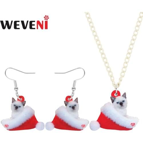 WEVENI Acrylic Christmas Hat Siamese Cat Kitten Jewelry Set Necklace Earrings Animal Jewelry For Women Girl Teen Decoration Gift