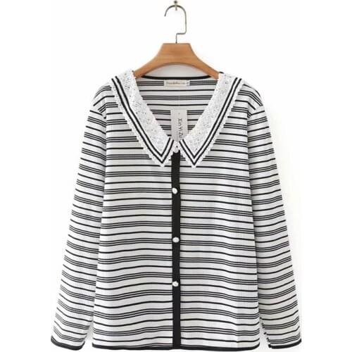 Womens clothing large 2021 fashion Womens t-shirt peter pan collar black white striped long sleeve t-shirts woman