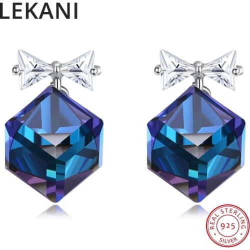LEKANI Crystals From SWAROVSKI Cube Beads Stud Earrings Cute Bowknot Piercing S925 Silver Jewelry For Women Girls Gifts