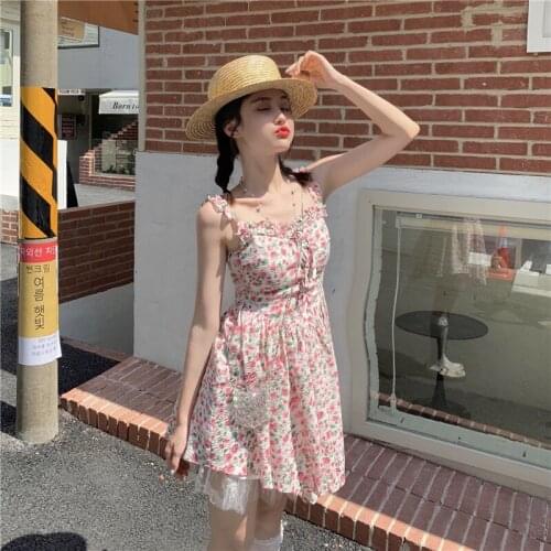 Woman Dress Temperament Floral Waist Suspender Short Skirt Female Summer New Korean Style Loose and Thin A-line Skirt Dress
