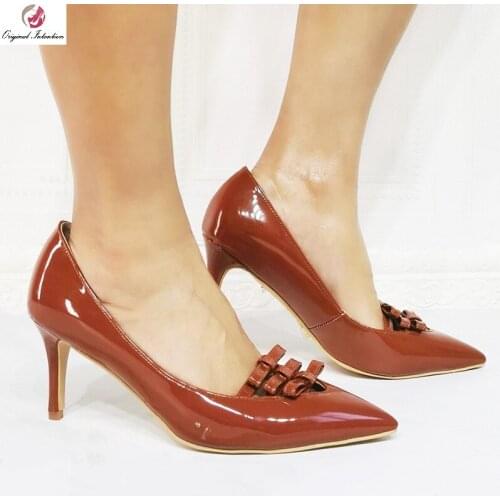 2021 Women 7cm High Heels Pumps Summer Burgundy Patent Leather Bowknot Stiletto Footwear Office Career Ladies Shoes Plus Size 45