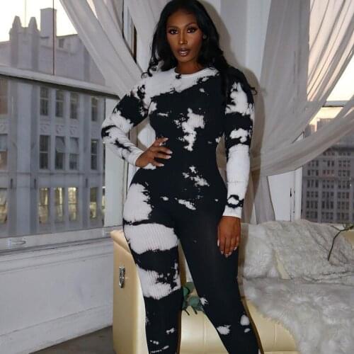 Womens rib knit striped tie dye womens long-sleeved jumpsuit tights sexy sporty streetwear 2021 fall/winter jumpsuit