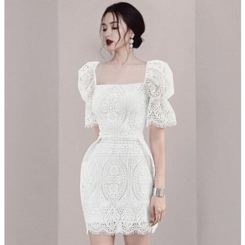 Temperament Elegant White Lace Hollow Out Tassel Dress Luxury Women Square Neck Puff Sleeve Summer Party Mini Designer Dress