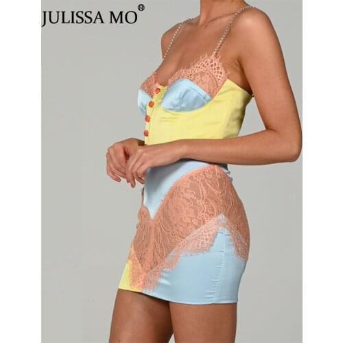JULISSA MO Fashion Diamond Strap Backless Mini Bodycon Dresses Women Patchwork Lace Buttons Club Dress Femme Sexy Party Vestidos