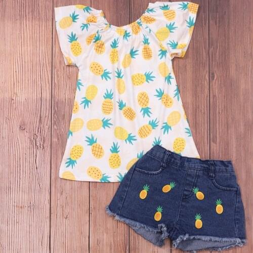 2021 Summer Girls Clothing Set Pineapple Outfits Kids Fashion Toddler Children Sleeveless Top + Demin Shorts 18M to 8 Years
