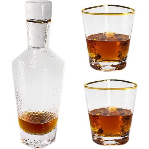 3Pcs/Set Gold Rim Hammer Texture Transparent Glass Cup Wine Bottle Set Whiskey Home Drinkware