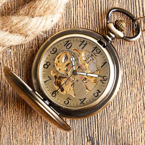 Self Wind Pocket Watch Copper Fashion Bronze Pendant Smooth Retro Skeleton Unisex Automatic Mechanical Stylish Thanksgiving Gift