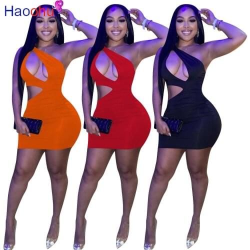 HAOOHU Women Dress Solid Sleeveless Hollow Out Sheath Elastic Mini Dresses Sexy Night Club Bar Party Dress Summer