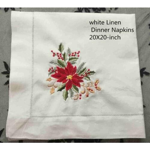 Set of 12 Fashion Handkerchief Towel White Linen hemstitched border Dinner Napkins Table Napkin With Color embroidery 20X20-inch