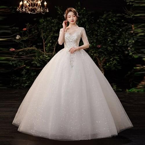 2021 New O Neck Wedding Dress Plus Size Half Sleeve Gown Shining Sequins Custom Made Bridal Vestido De Noiva
