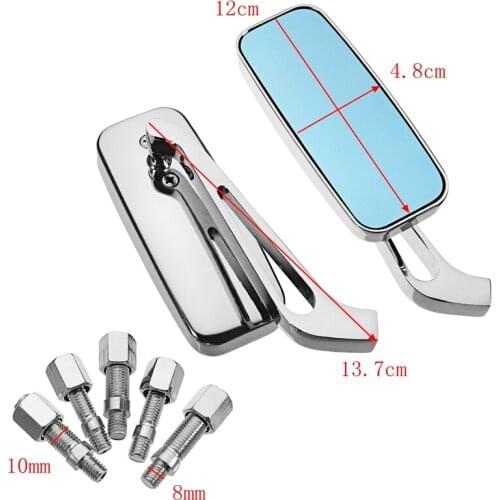 Pair Motorcycle Rearview Mirror Chrome Square Convex Side Mirrors Blue Glass 8mm/10mm For Harley Honda Suzuki Yamaha Kawasaki