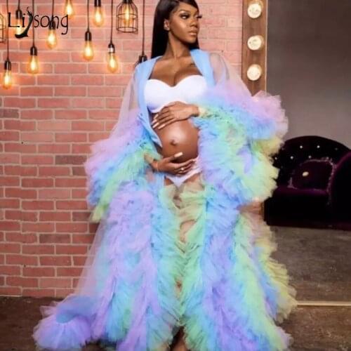 Chic Mix Color Illusion Long Robe For Pregnant Women Photography Maternity Women Dress Draped Tulle Baby-shower Prom Gowns