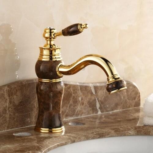 Basin Faucets Europe Style Gold basin Faucet Bathroom Single Double Hole Bathroom Gold with marble Mixer Taps Hot And Cold Tap