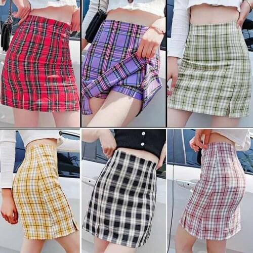 American style retro college wind proof light away girls half skirt ins high waist hip skirt A-line plaid skirt
