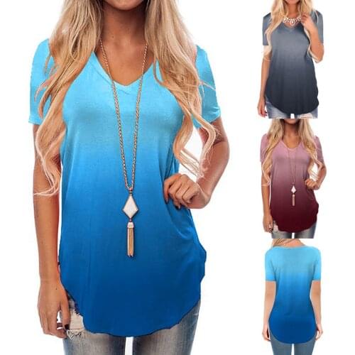 Womens Short Sleeve V-Neck Gradient Colour Loose Casual Tee T-Shirt Tops Casual Sexy Ladies Lovely Girls Daily All-match T-Shirt