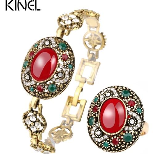 Luxury Vintage Red Bracelets And Rings Jewellery Set For Women Mosaic Crystal Color Gold Bohemian Oval Accessories Party Gift