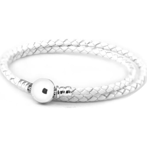 Ivory White Braided Double Leather Bracelet femme 925 Sterling Silver Round Clasp Charm Bracelet for Women pulseras mujer