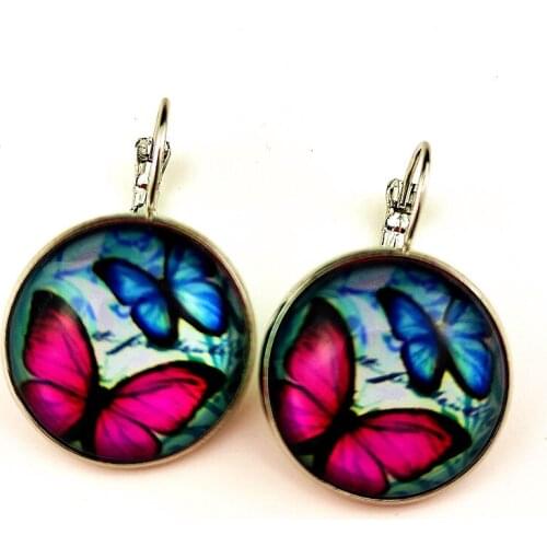 1 pairs Butterfly Silver Earring lovely, cartoon Glass Round Dome Drop Earrings for Female Wood Earrings Jewelry