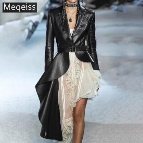 2020 Spring Fashion PU Leather Womens Trench Lapel Collar Long Sleeve Sashes Irregular Hem Windbreaker Female Club party dress