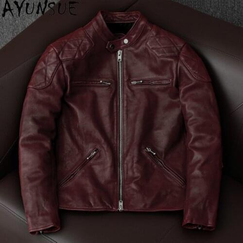 AYUNSUE Vintage Genuine Leather Jacket Men Streetwear Motorcycle Jackets Sheepskin Coat Red Mens Clothing Blouson Cuir Homme