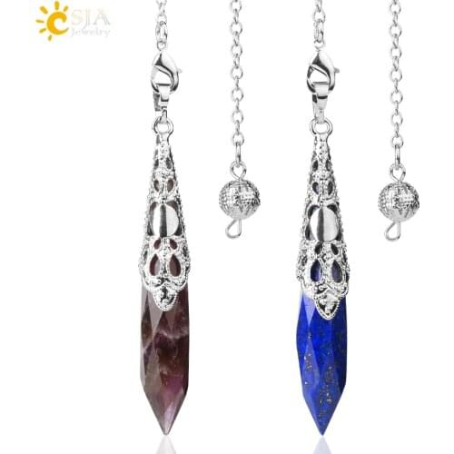 CSJA Healing Pendulum for Divination Natural Gem Stone Crystal Quartz Pendant Hebrew Pendulum Radiesthesia Pendulo Pendule G692