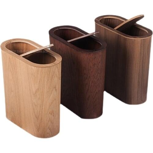 Wooden Trash Can Household Cleaning Tools Office Wastebasket Rolling Cover Type Trash Can Storage Bucket Wooden Oval Waste Bins