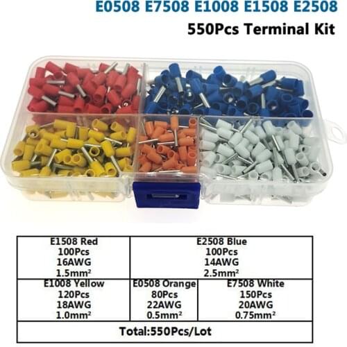550Pcs Tube Insutated Crimp Terminal Kit E0508~E2508 Cord End Electric Wire Cable Connector Ferrules 0.5-2.5mm2 22-14AWG