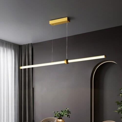 Minimalist dining table chandelier LED long bar table lamp light luxury copper dining room light simple appearance for lobby
