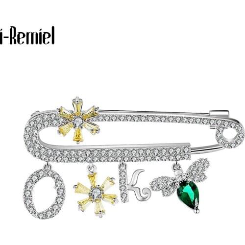 Fashion Flower Bee Letter Brooch Jewelry Luxury Zirconia Crystal Female Suit Coat Pin Scarf Buckle Shawl Cardigan Accessories