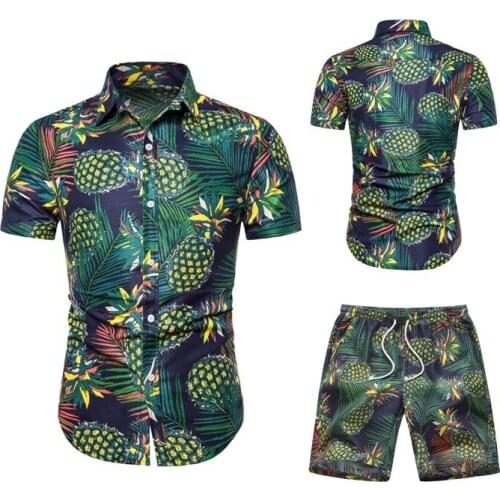 Wholesale Summer Hawaiian Beach 2 Pieces Set Men Pineapple Short Sleeve Shirt and Short Set