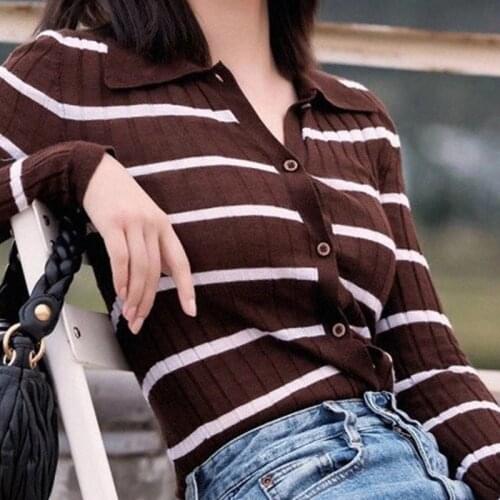 Autumn 2020 Striped Embroidery Single Breasted Cardigan Sweater Lapel Fashion Coat Clothes Women Fashion Elegant Top Clothes