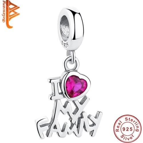 BELAWANG Luxury 925 Sterling Silver I Love My Family Pink Heart Dangle Charms fit Original Bracelets Pendant Fine Jewelry Gift