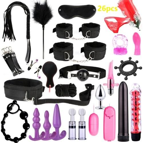 Adult Sex Toys Bondage Handcuffs Nipple Clamps Whip Spanking Sex Silicone Mouth Anal Plug Bdsm Vibrator Set for Couples PG0218