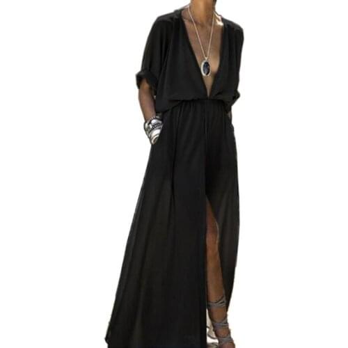 Sexy Maxi Dress Deep V Neck Women Backless Cotton Boho Dresses Summer 2021 New Casual beach boho Bikini Cover Up Vintage Robe