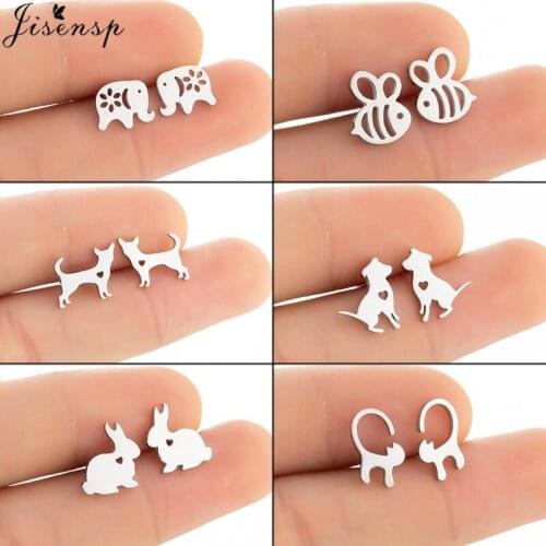 Jisensp Stainless Steel Hollow Heart Lovely Pet Series Earrings Cute Dog Cat Bunny Stud Earrings Women Home Party Accessories
