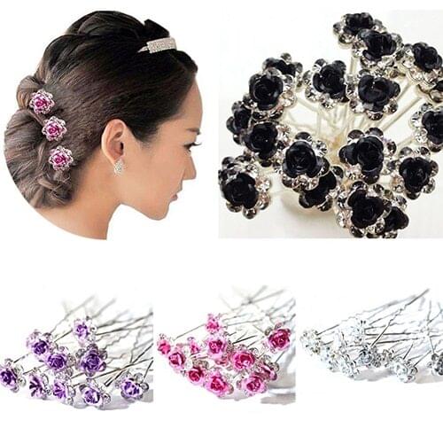5Pcs Chic Engagement Wedding Shiny Rhinestone Hair Clips Rose Flower Hairpins