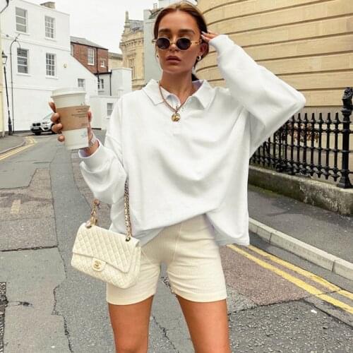 2021 Autumn Oversized Hoodies Women Sweatshirt Fashion Solid Color White Loose Casual Polo Collar Long Sleeve Ladies Sweatshirts