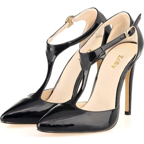 Women Pumps Pointed Toe T-Strap Sandals Buckle Ankle Strap Patent Leather OL Casual High Heel Black Office Red Wedding Shoes