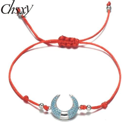 CHSXY Blue AAA Cubic Zirconia Half Moon Charm Bracelet Handmade Braided Adjustable Lucky Red Thread Bracelets for Women Pulseras