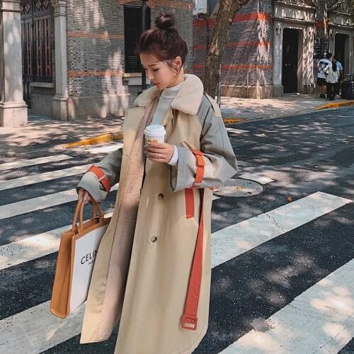 Women Trench Coat Fashion Patchwork Coats Fall Winter Casual Cotton Jackets Woman Long Parkas Plus Velvet Warms Womens Outwear
