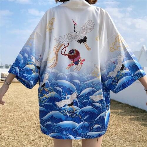 White Black Crane Print Japan New 2020 Loose Summer Beach Cardigan Women Harajuku Japanese Kimono Style Tops Blouse Clothing